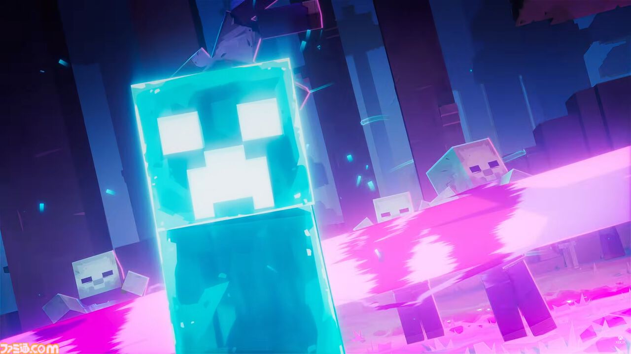Minecraft Dungeons II enemy artwork A glowing blue Creeper-like enemy in a Minecraft Dungeons II scene