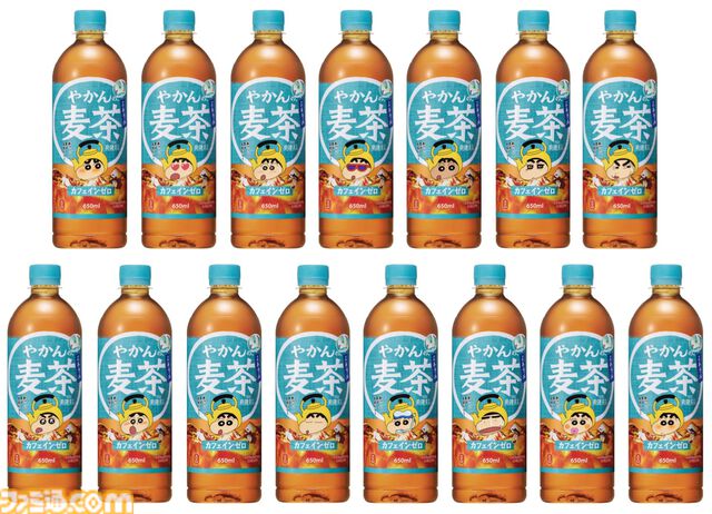 『クレしん』やかんの麦茶コラボボトル第2弾が6月15日発売。サングラスや日焼け姿など夏にぴったりな姿のしんちゃんと家族の名言をデザイン