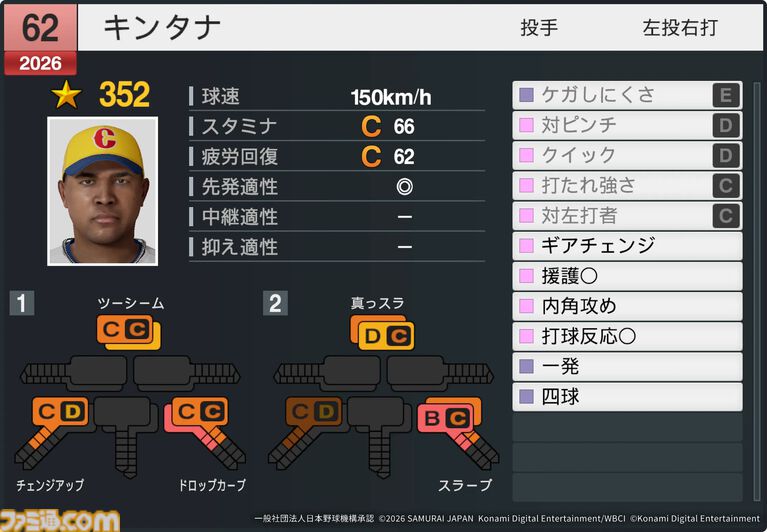 『プロスピ2026』WBCモードの収録選手データ公開。大谷翔平はパワー98のSで特殊能力もてんこもり。米ポール・スキーンズは星600超えの能力