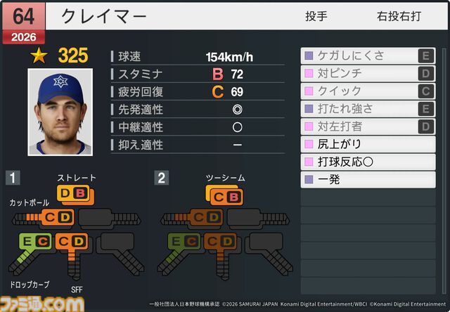 『プロスピ2026』WBCモードの収録選手データ公開。大谷翔平はパワー98のSで特殊能力もてんこもり。米ポール・スキーンズは星600超えの能力
