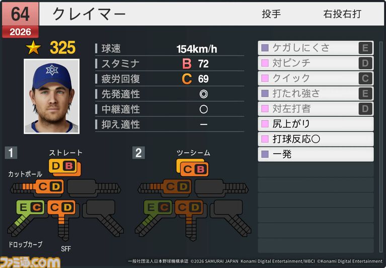 『プロスピ2026』WBCモードの収録選手データ公開。大谷翔平はパワー98のSで特殊能力もてんこもり。米ポール・スキーンズは星600超えの能力