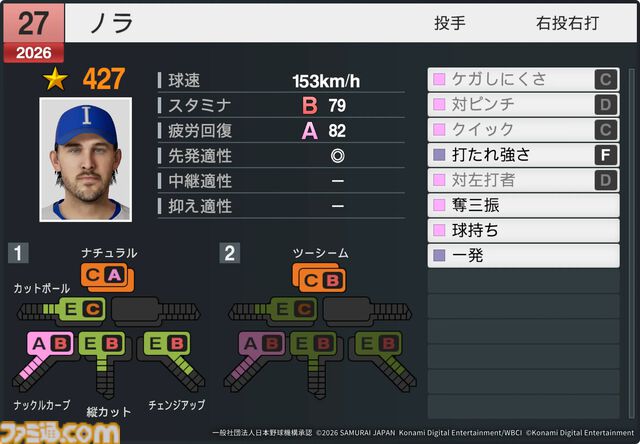 『プロスピ2026』WBCモードの収録選手データ公開。大谷翔平はパワー98のSで特殊能力もてんこもり。米ポール・スキーンズは星600超えの能力