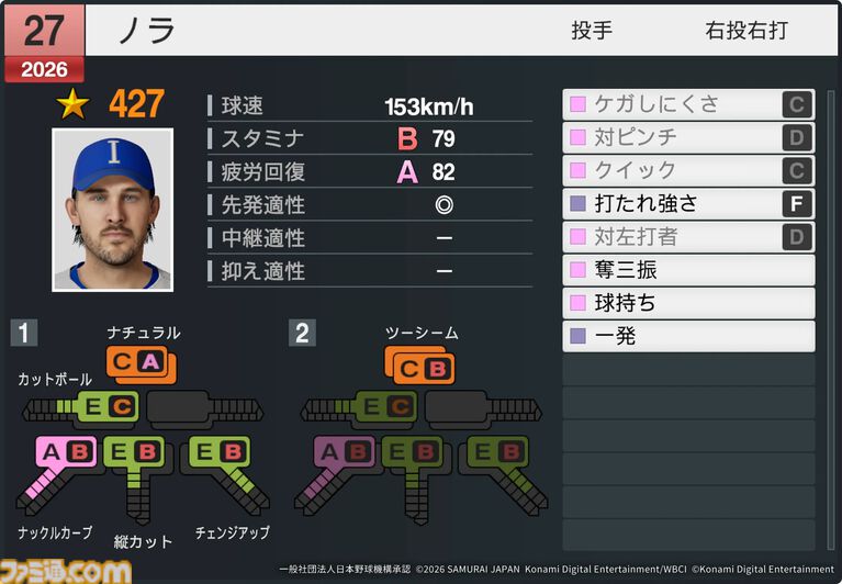 『プロスピ2026』WBCモードの収録選手データ公開。大谷翔平はパワー98のSで特殊能力もてんこもり。米ポール・スキーンズは星600超えの能力