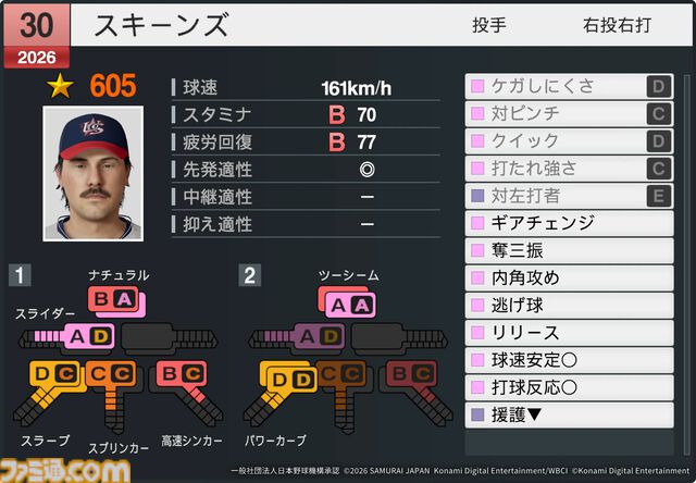 『プロスピ2026』WBCモードの収録選手データ公開。大谷翔平はパワー98のSで特殊能力もてんこもり。米ポール・スキーンズは星600超えの能力