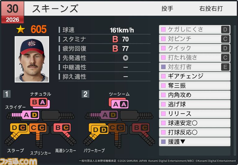 『プロスピ2026』WBCモードの収録選手データ公開。大谷翔平はパワー98のSで特殊能力もてんこもり。米ポール・スキーンズは星600超えの能力