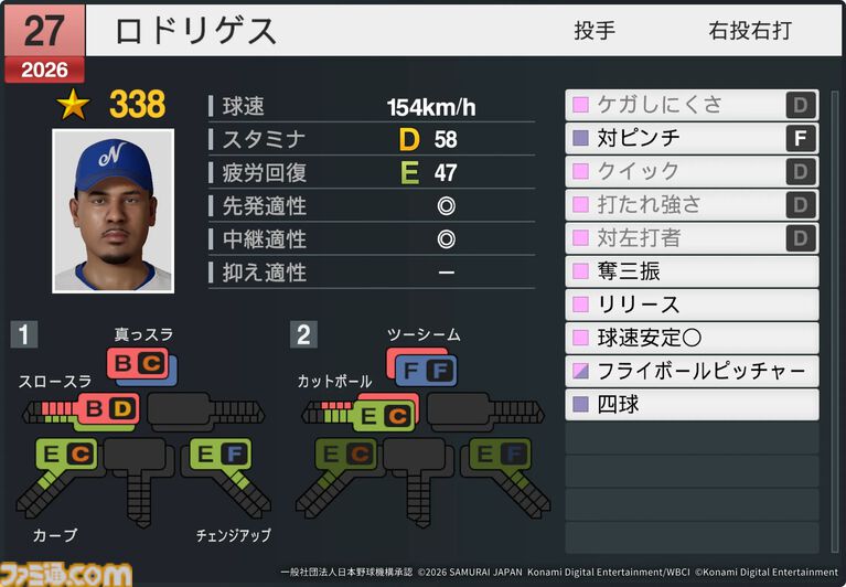『プロスピ2026』WBCモードの収録選手データ公開。大谷翔平はパワー98のSで特殊能力もてんこもり。米ポール・スキーンズは星600超えの能力