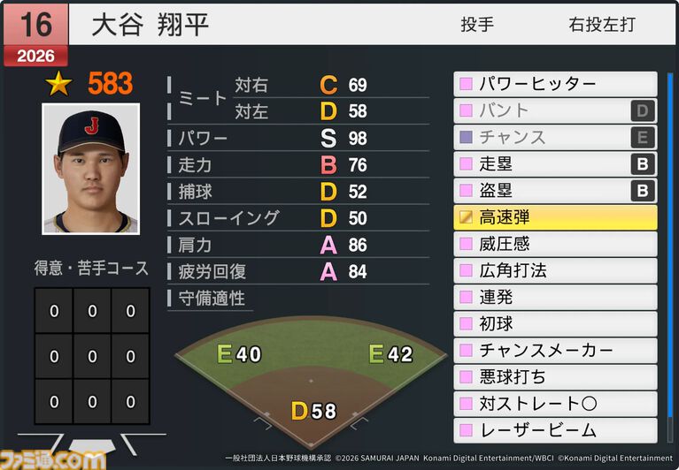 『プロスピ2026』WBCモードの収録選手データ公開。大谷翔平はパワー98のSで特殊能力もてんこもり。米ポール・スキーンズは星600超えの能力
