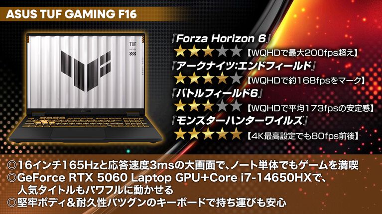 ASUS "TUF Gaming F16" 実機レビュー。『Forza Horizon 6』WQHDで200fps超え＆米軍MIL規格対応、Amazonプライムデーで9万円オフの21万円