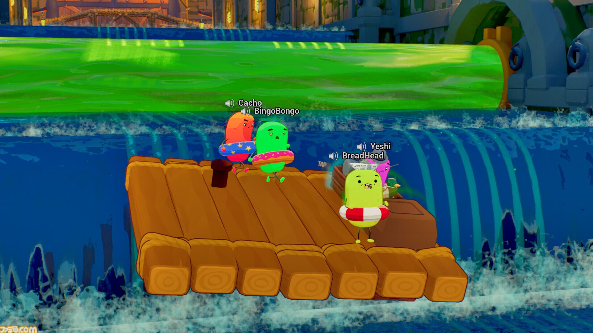 『Sponge Break』4人マルチ対応イカダ川下りゲームのプレイテストが開催中。カートゥーン風のスポンジキャラがグラップル片手にワチャワチャ出航