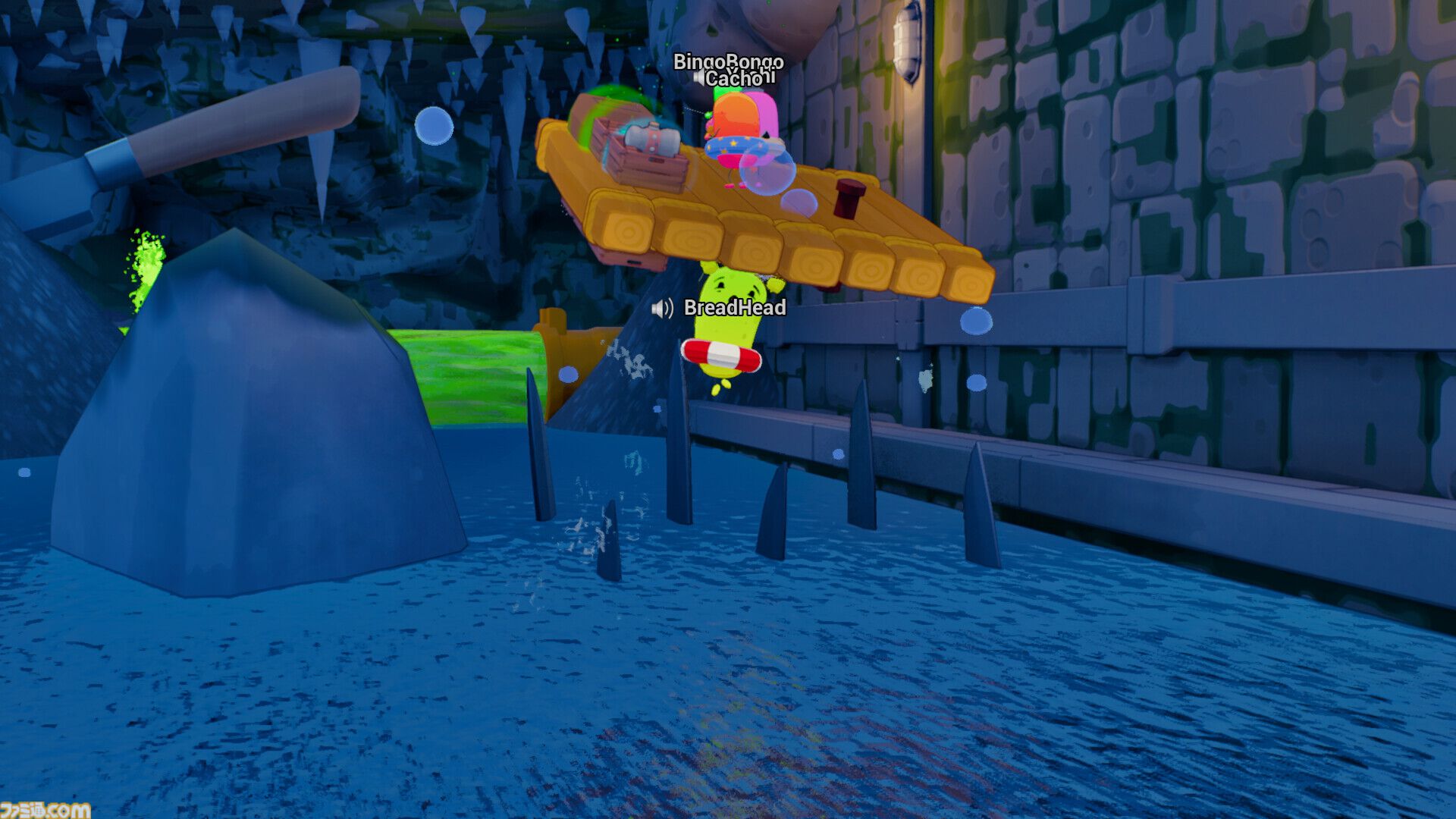 『Sponge Break』4人マルチ対応イカダ川下りゲームのプレイテストが開催中。カートゥーン風のスポンジキャラがグラップル片手にワチャワチャ出航