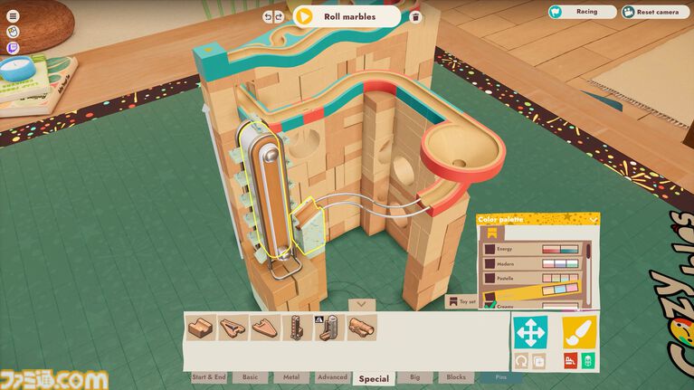 『Cozy Marbles ビー玉コロコロ大作戦』らせん・キャノン・反重力を組み合わせて、ビー玉が気持ちよく転がるコースを作ろう。マーブルランシミュがSteamで8月21日配信