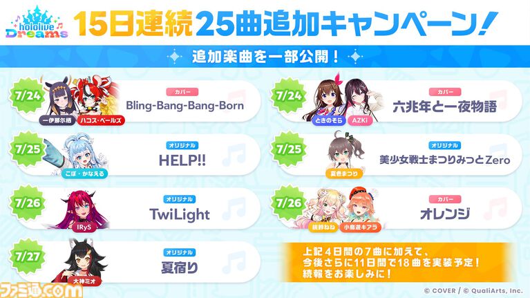 『ホロライブドリームス』事前ダウンロード開始。カバー楽曲“Bling-Bang-Bang-Born”や“千本桜”など実装の“15日連続25曲追加キャンペーン”が実施予定