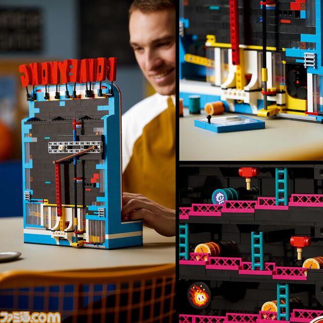 レゴで『ドンキーコング』アーケードゲームを再現。レバーを引くとタルが転がり、ジャンプマンで跳び越えられる。1367ピースの大人向けセットが8月1日発売