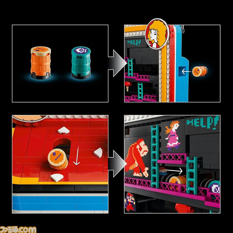 レゴで『ドンキーコング』アーケードゲームを再現。レバーを引くとタルが転がり、ジャンプマンで跳び越えられる。1367ピースの大人向けセットが8月1日発売
