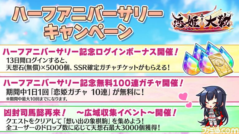 『恋姫†大戦』ハーフアニバーサリーキャンペーンが本日(8/5)より開催。無料100連ガチャ、限定武将・司馬懿(藍虎)ピックアップガチャなどが登場