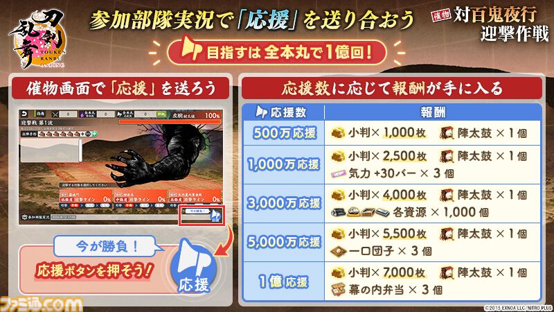 『刀剣乱舞ONLINE』新イベント“対百鬼夜行迎撃作戦”が開始。九鬼正宗、数珠丸恒次、大典太光世、三日月宗近がまれにドロップ