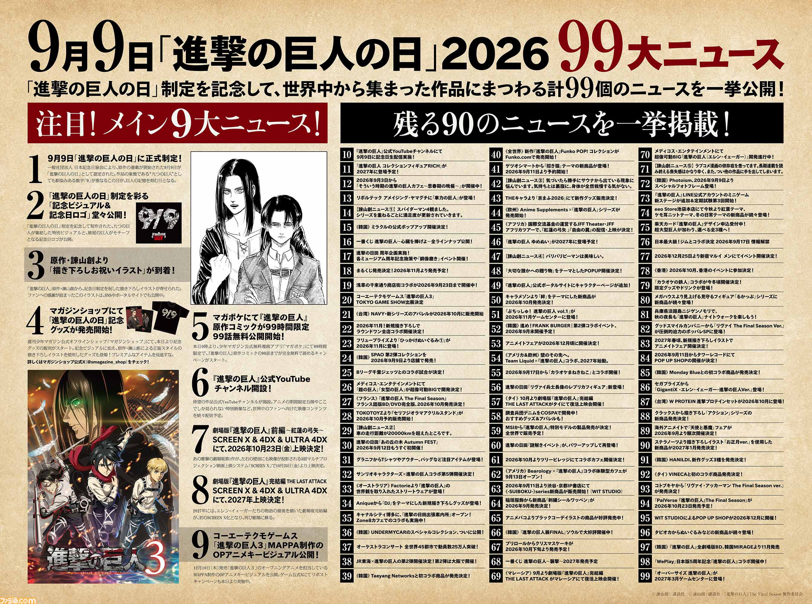 【進撃の巨人の日】の9月9日を記念して99大ニュース発表。多い……多いよ……。うち5つは「諫山創ニュース」。“ラブコメ漫画依存症”などを報じる
