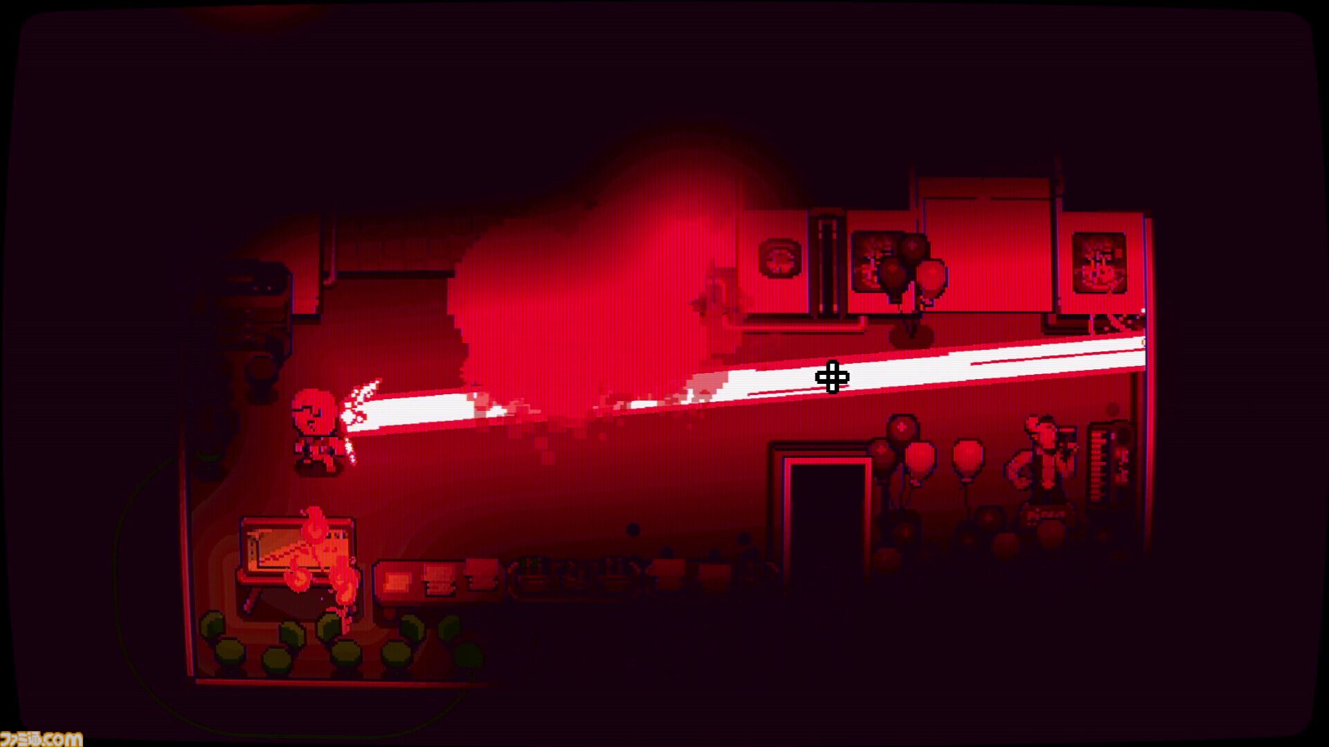 『Laser Guy』目から飛び出るビームで同僚を焼かないように避ける“アンチ”シューター。オフィスをブッ壊してでも同僚の安全は守るべし