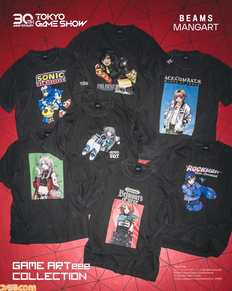 TGS30周年xビームス50周年のコラボTシャツが期間限定で発売。『FF7』ユフィや『ロックマン』『ソニック』などをざしきわらし氏が描き下ろし【TGS2026】