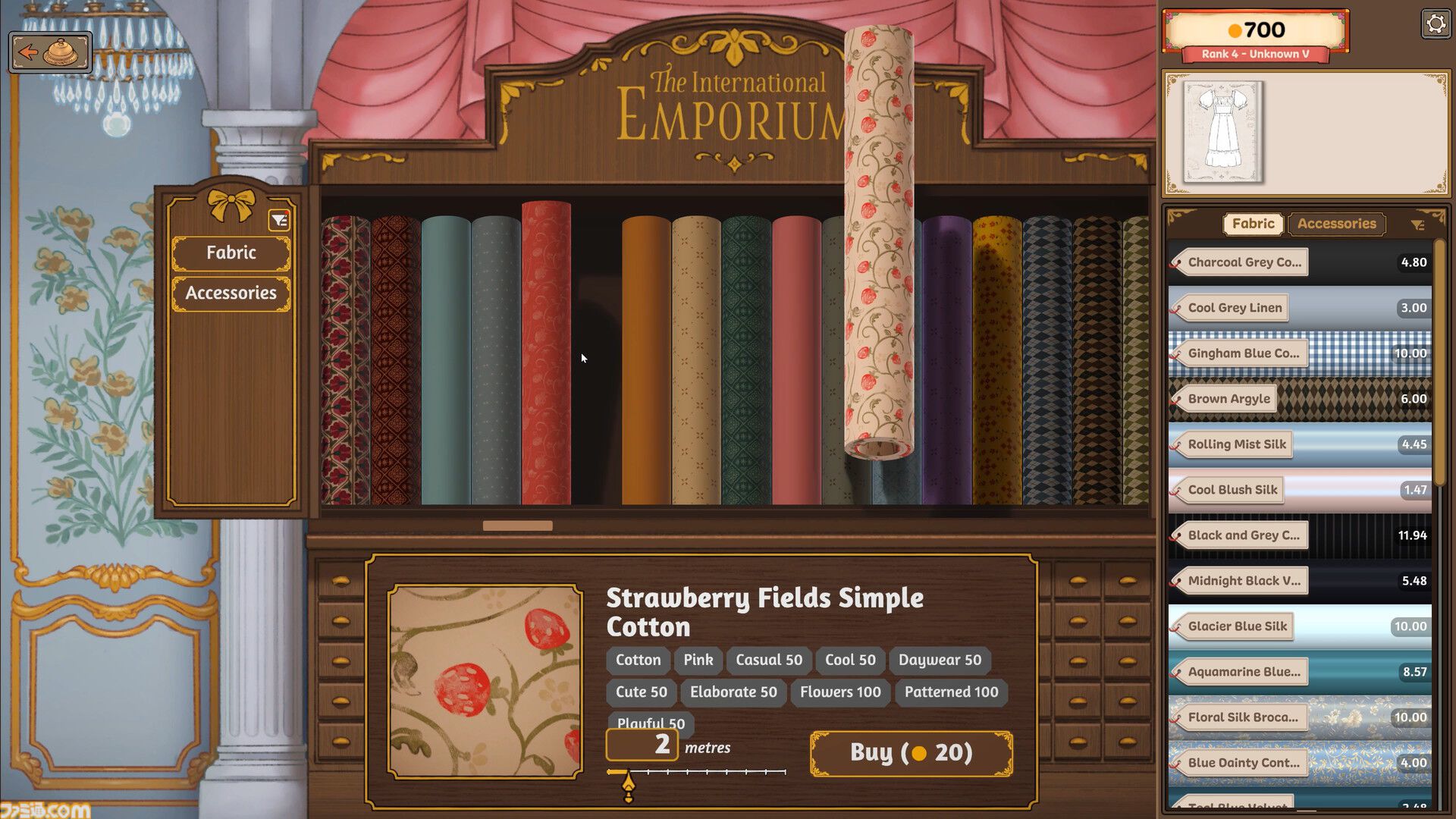 『ドレスメーカー』自分だけのドレス作りが楽しめる裁縫ゲーム。裁断、裁縫、装飾を行ってお客さんのオーダーに沿ったドレスを作ろう