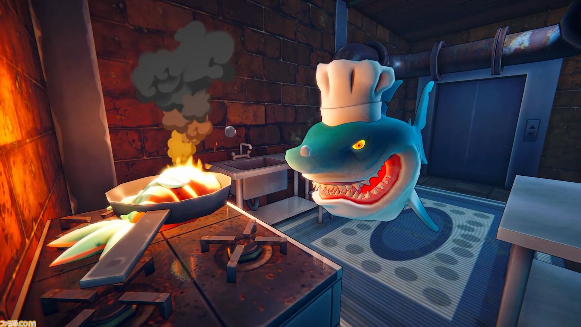 『シャーク・マート』客を狩って食材にする最大4人協力の店舗運営シミュレーション。魚警察からの尋問は現場を掃除し、嘘をついて切り抜けよう