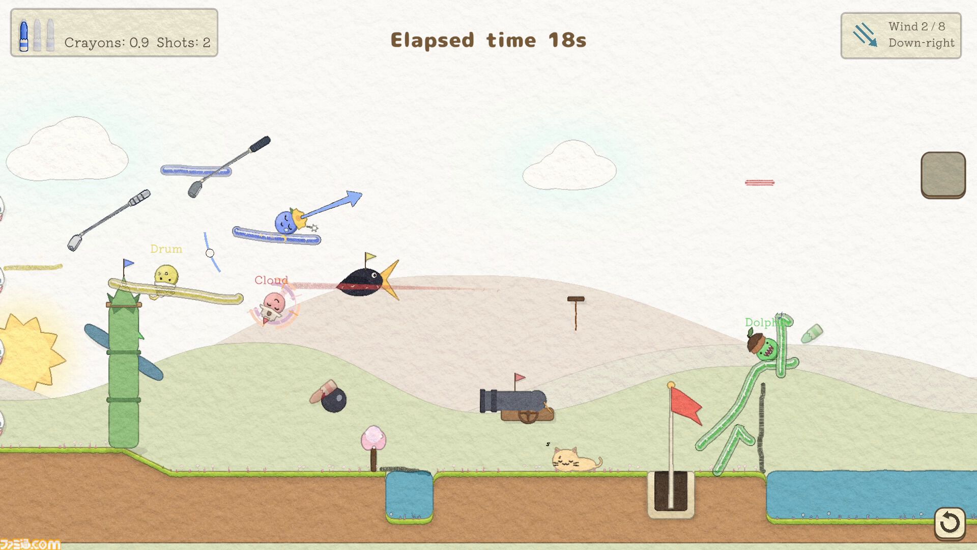 最大12人プレイ対応の2Dゴルフゲーム『お絵描きゴルフ』Steam体験版公開。プレイ中にも足場や障害物を置けるドタバタカオスなパーティーゲーム