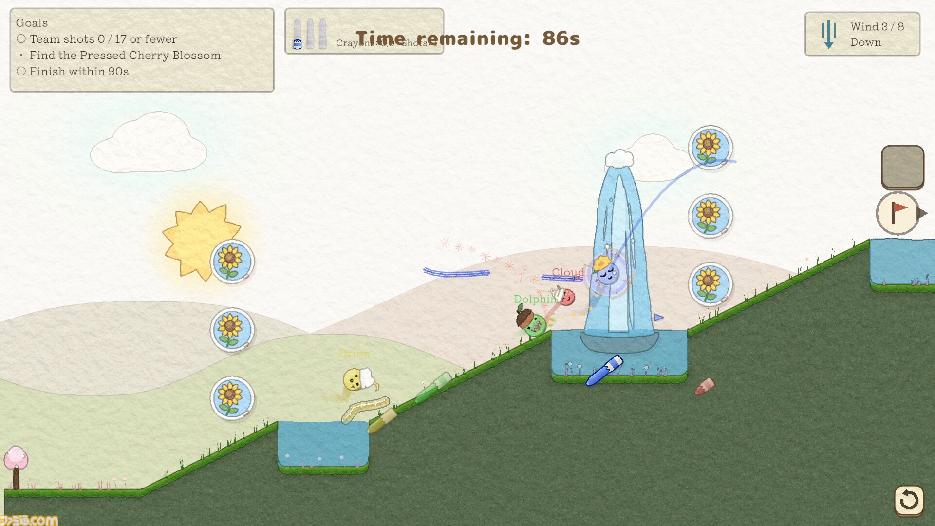 最大12人プレイ対応の2Dゴルフゲーム『お絵描きゴルフ』Steam体験版公開。プレイ中にも足場や障害物を置けるドタバタカオスなパーティーゲーム