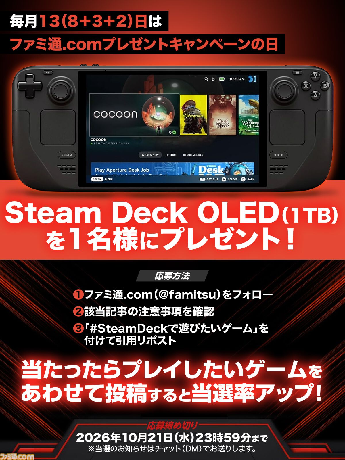 Steam Deck OLED（1TB）が1名様に当たる。より大きな画面のOLED