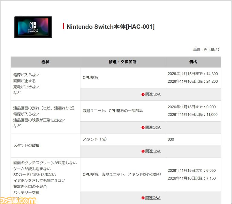 任天堂、Switch2／Switch本体の修理価格を11月16日に到着した修理品より改定。修理部品の価格高騰にともなって